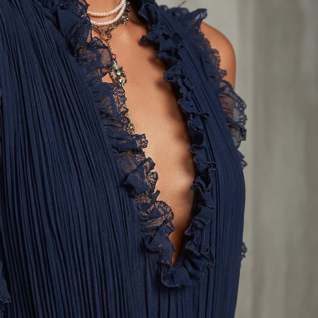 MidnightAura™ – Pleated Chiffon Lace-Trim Romper with Plunging Ruffle Neckline - Image 5