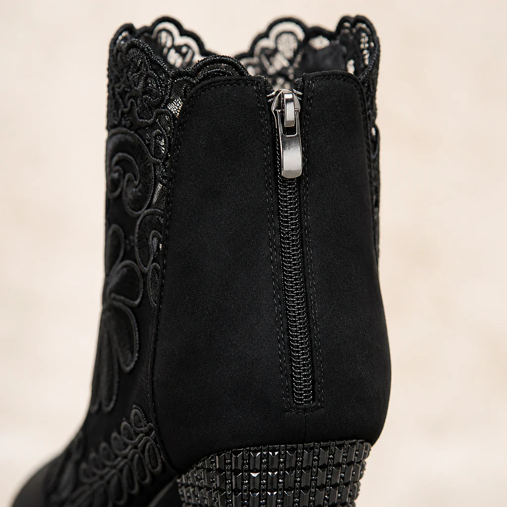 MystiLuxe™ – Floral Lace Block Heel Ankle Boots with Rhinestone Detail - Image 7