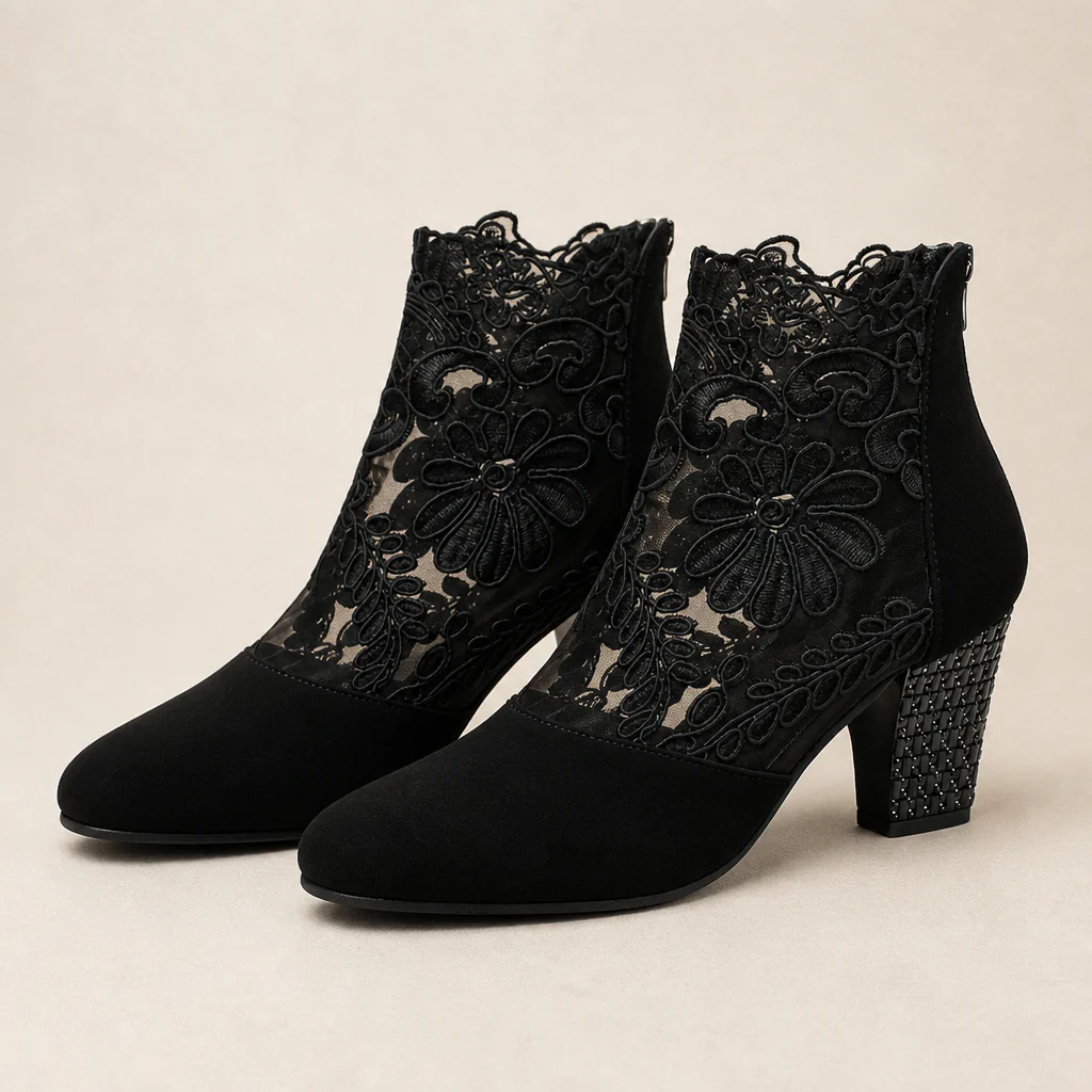MystiLuxe™ – Floral Lace Block Heel Ankle Boots with Rhinestone Detail - Image 8