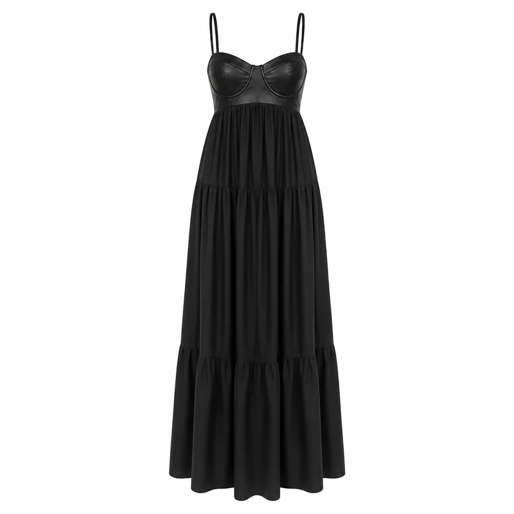 NoirFemme™ – Bold Faux-Leather Bustier Tiered Maxi Dress - Image 8