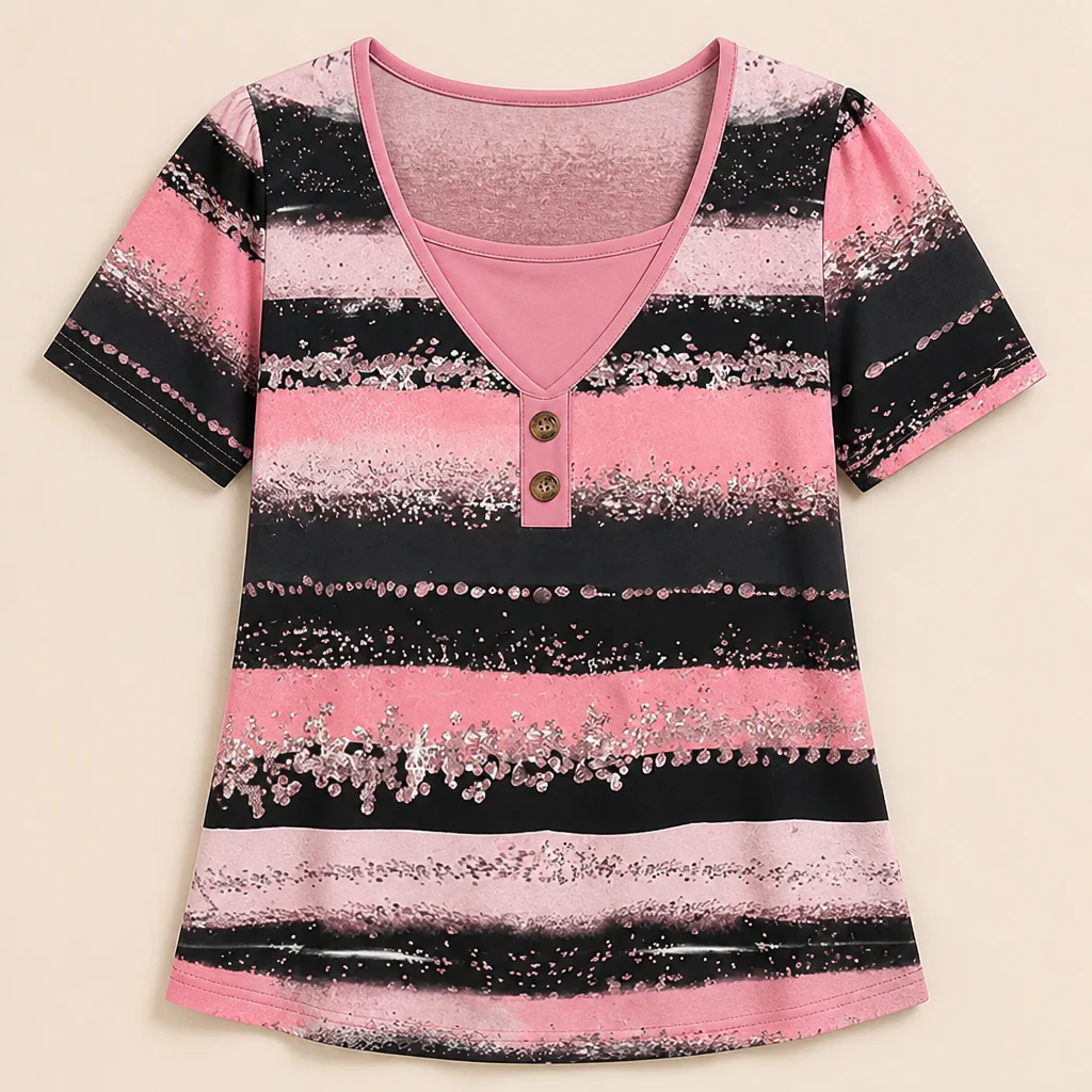 NovaLayer™ – Relaxed Faux Two-Piece Striped Henley Top with Shimmer Print - Image 4