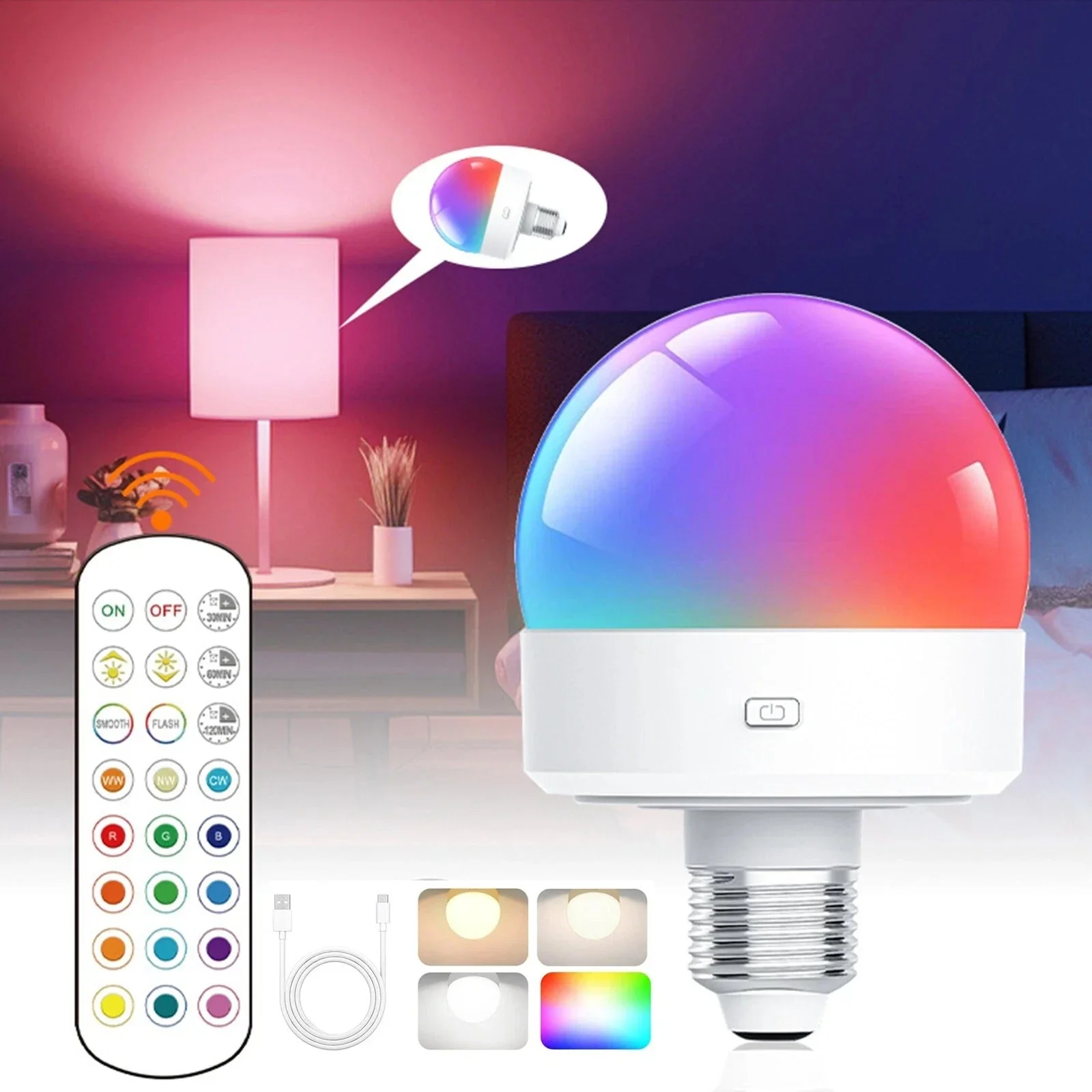 Rechargeable E27 RGB LED Lamp with Remote Control – Wire-Free Setup - Image 10