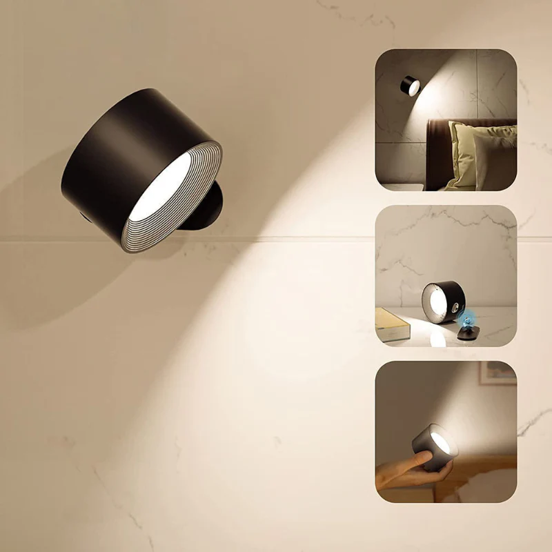 Rechargeable LED Wall Lamp with 360° Rotatable Head – Touch Sensor, Wire-Free Installation