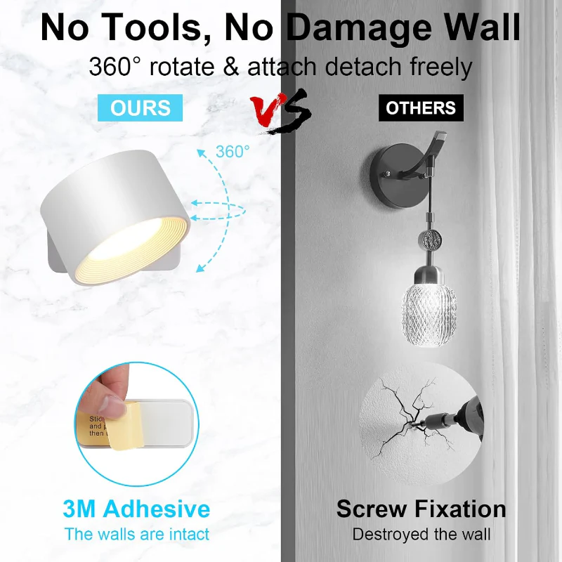 Rechargeable LED Wall Lamp with 360° Rotatable Head – Touch Sensor, Wire-Free Installation - Image 12