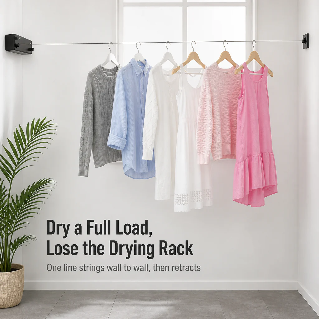 RoomFlow™ — Dry a Full Load, Then Vanish Your Clothesline Flat to the Wall