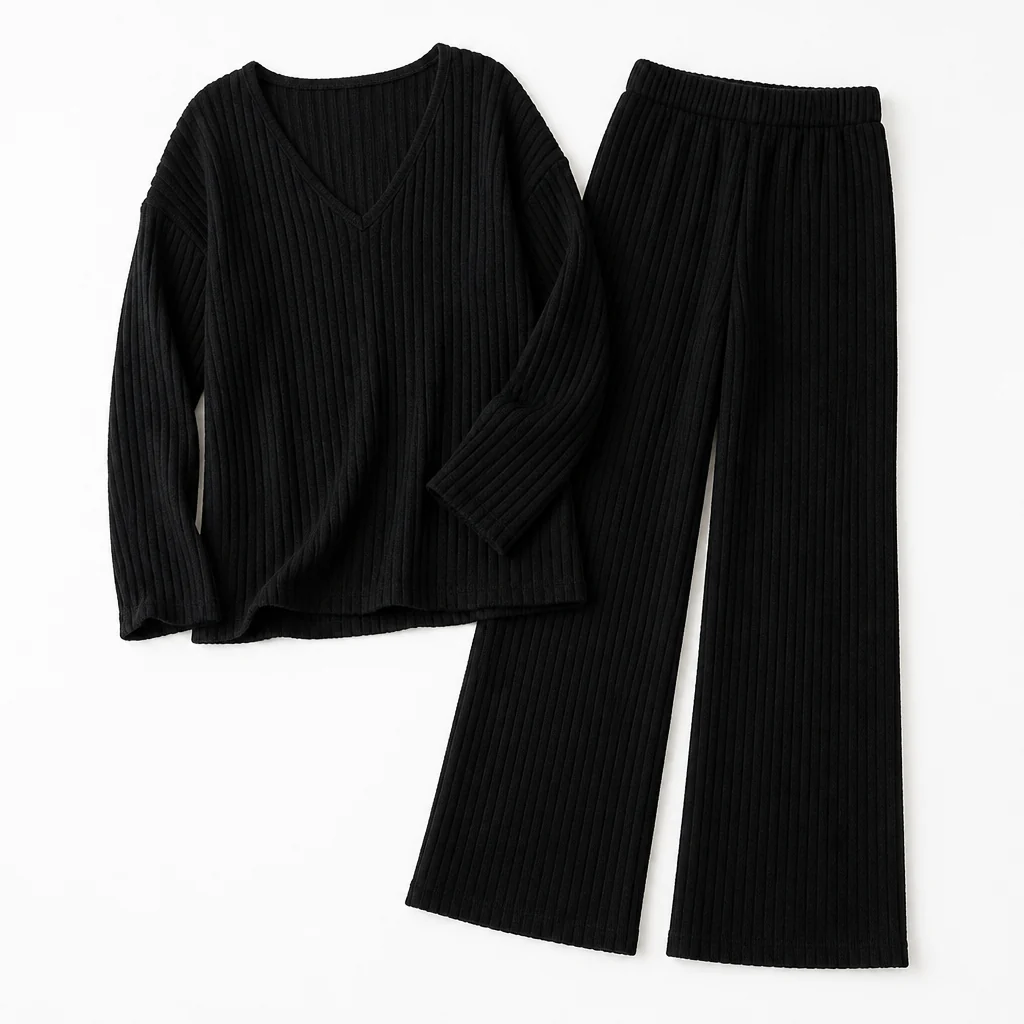 Serelis™ – Soft Ribbed V-Neck Lounge Set with Wide-Leg Pants - Image 10