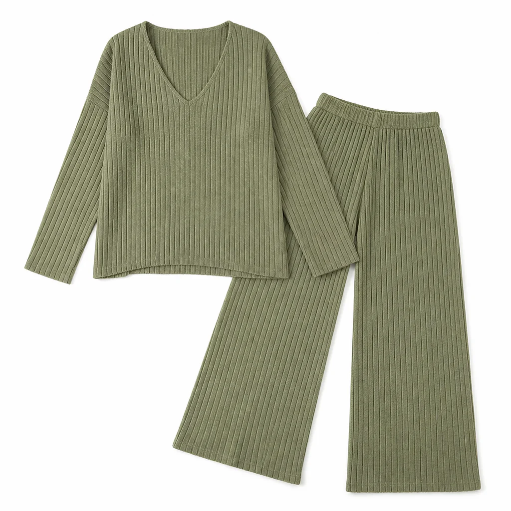 Serelis™ – Soft Ribbed V-Neck Lounge Set with Wide-Leg Pants - Image 11