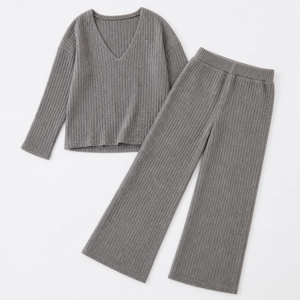 Serelis™ – Soft Ribbed V-Neck Lounge Set with Wide-Leg Pants - Image 12