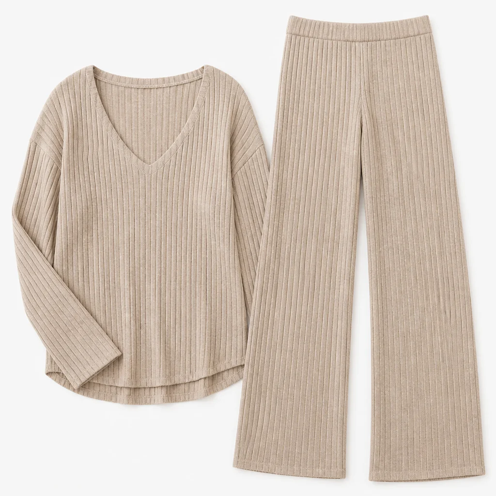 Serelis™ – Soft Ribbed V-Neck Lounge Set with Wide-Leg Pants - Image 8