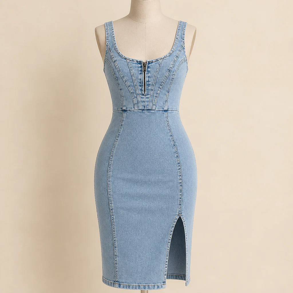 SerenStride™ – Figure-Hugging Stretch Denim Midi Dress with Front Zip & Side Slit - Image 4