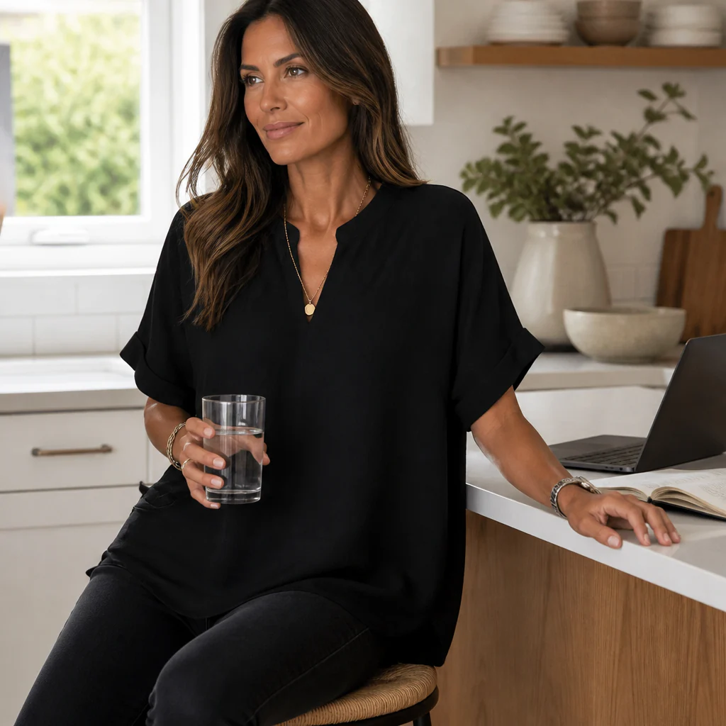 Silkora™ – Relaxed V-Neck Blouse with Curved Hem - Image 3