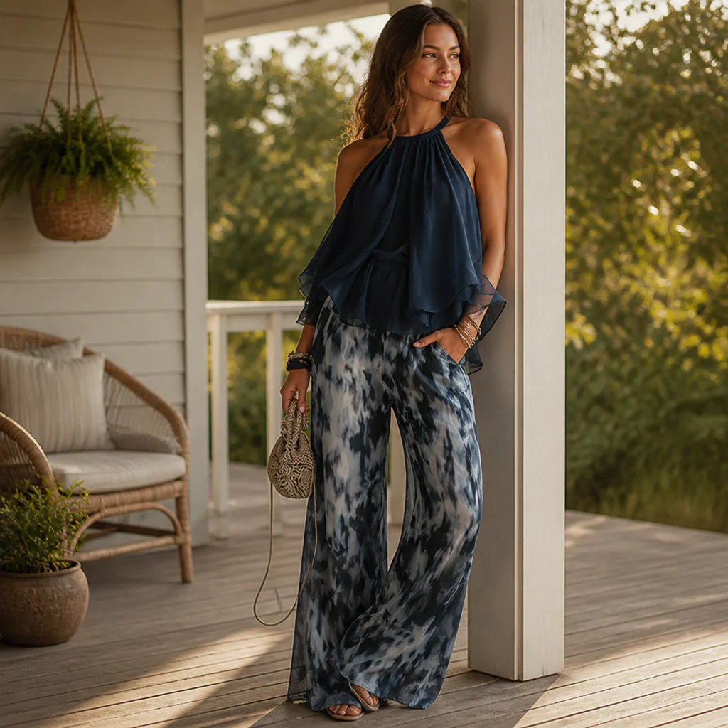 SolaraBreeze™ – Flowy Halter Ruffle Top & Wide-Leg Tie-Dye Pants Set - Image 2