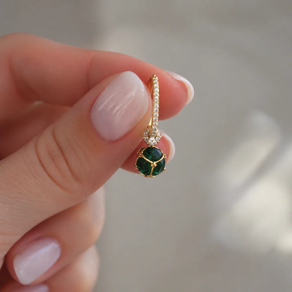 SolaraLuxe™ – Pavé Gold Hoop Earrings with Emerald Crystal Drop - Image 5