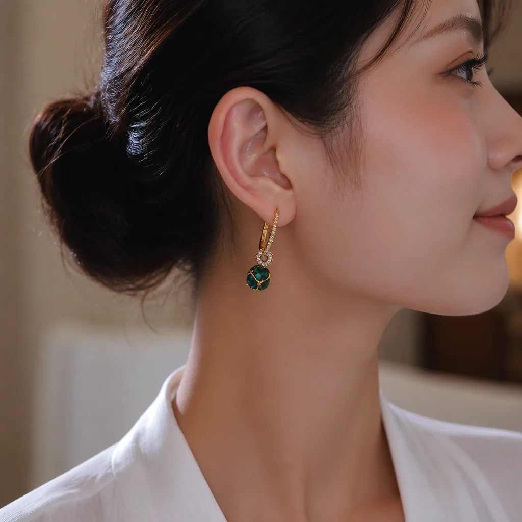 SolaraLuxe™ – Pavé Gold Hoop Earrings with Emerald Crystal Drop - Image 7