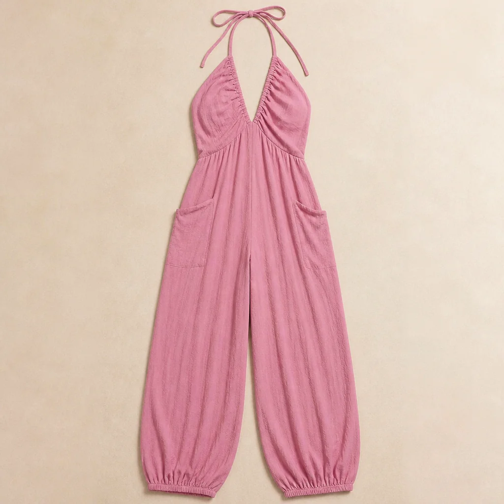 SolariaFlow™ – Flowy Wide-Leg Halter Jumpsuit with Ruched Deep-V Neckline - Image 4