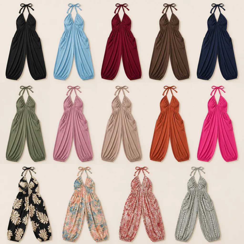 SolariaFlow™ – Flowy Wide-Leg Halter Jumpsuit with Ruched Deep-V Neckline - Image 8