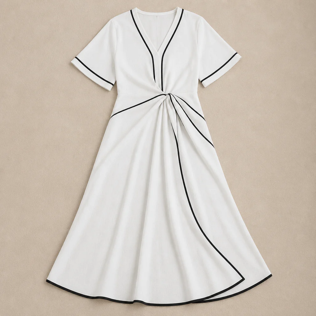 SolariaSilk™ – Flowy Contrast-Trim Midi Dress with Twist-Knot Waist - Image 4
