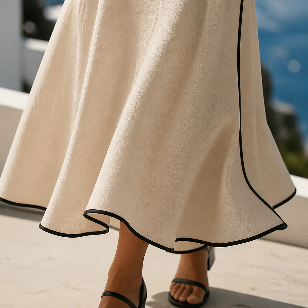 SolariaSilk™ – Flowy Contrast-Trim Midi Dress with Twist-Knot Waist - Image 7