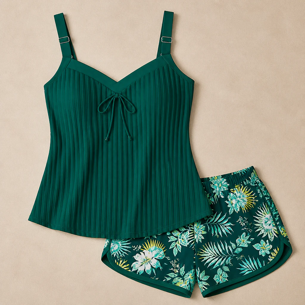 SoloraSway™ – Flowy Pleated Tankini Set with Coverage Shorts - Image 10