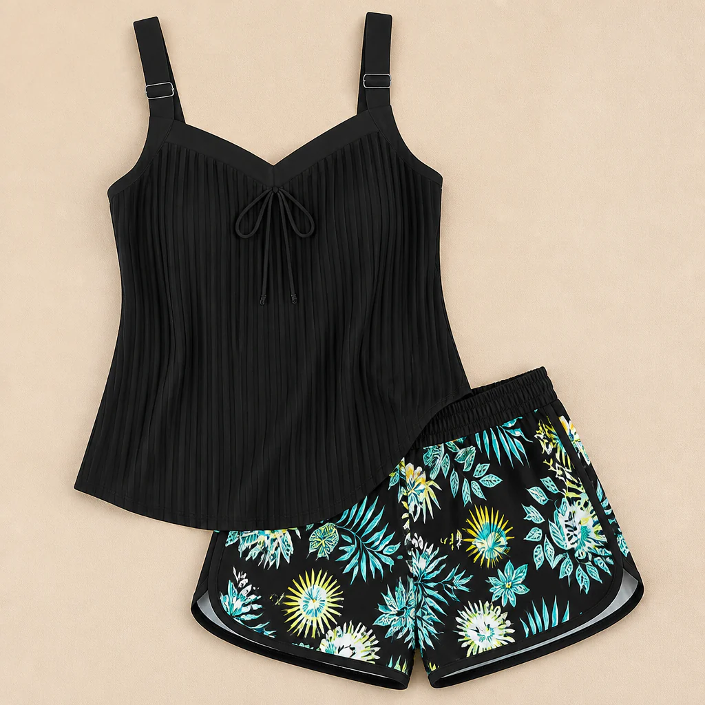 SoloraSway™ – Flowy Pleated Tankini Set with Coverage Shorts - Image 11