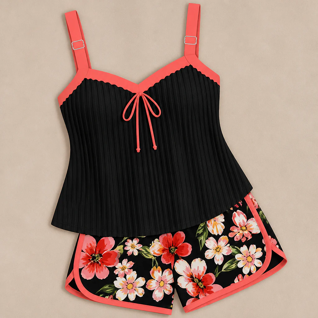 SoloraSway™ – Flowy Pleated Tankini Set with Coverage Shorts - Image 12
