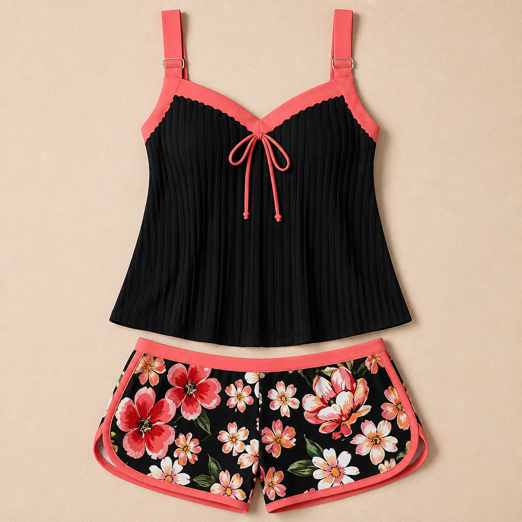 SoloraSway™ – Flowy Pleated Tankini Set with Coverage Shorts - Image 3