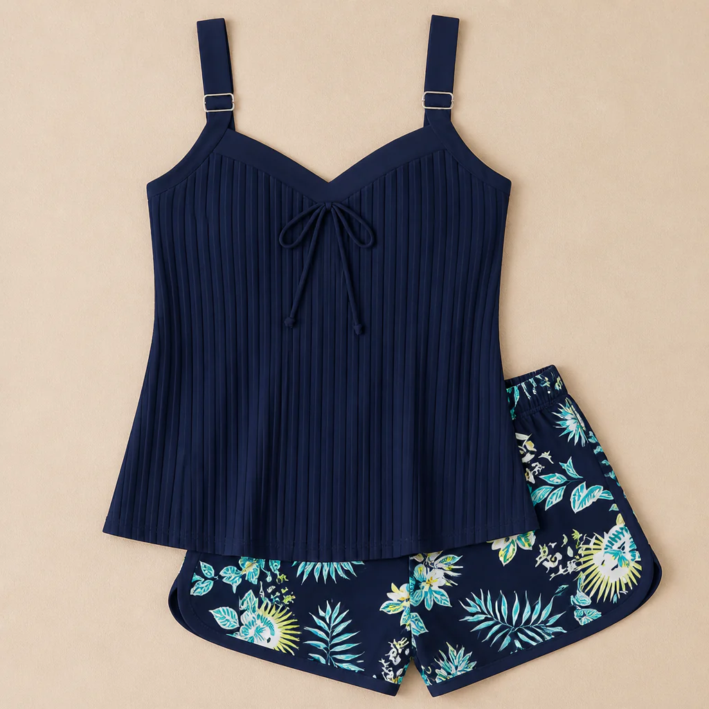 SoloraSway™ – Flowy Pleated Tankini Set with Coverage Shorts - Image 9