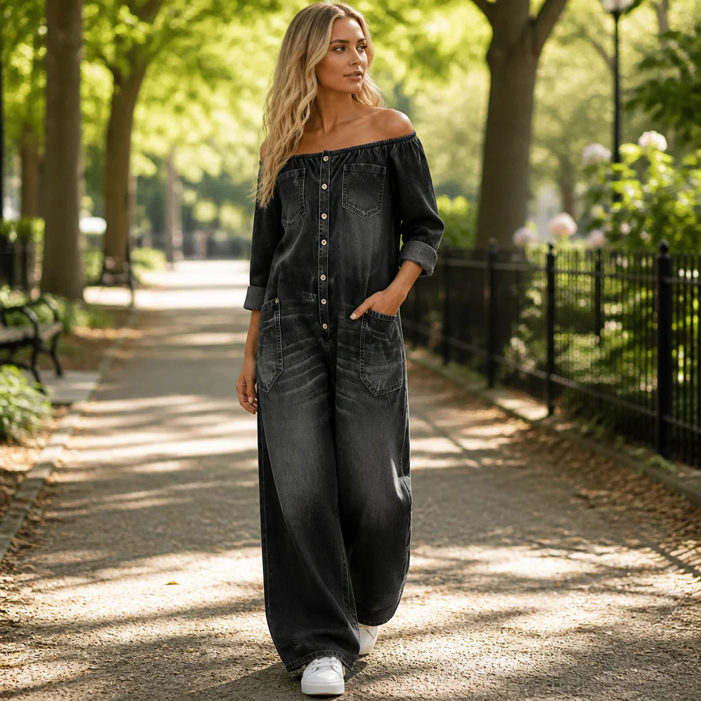 SolsticeWave™ – Off-Shoulder Wide-Leg Denim Jumpsuit with Button-Front Placket - Image 3