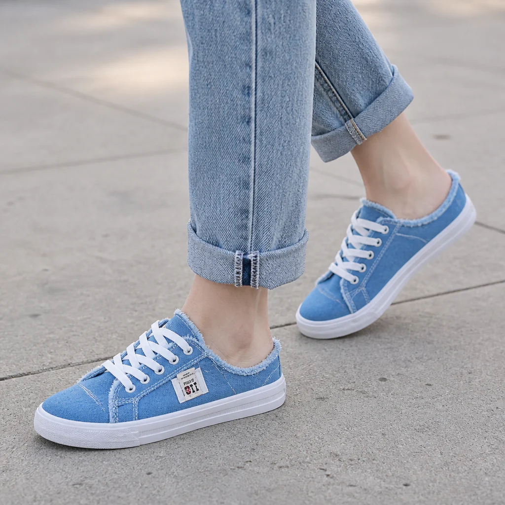 StridePulse™ – Casual Frayed Edge Denim Mule Sneakers - Image 9