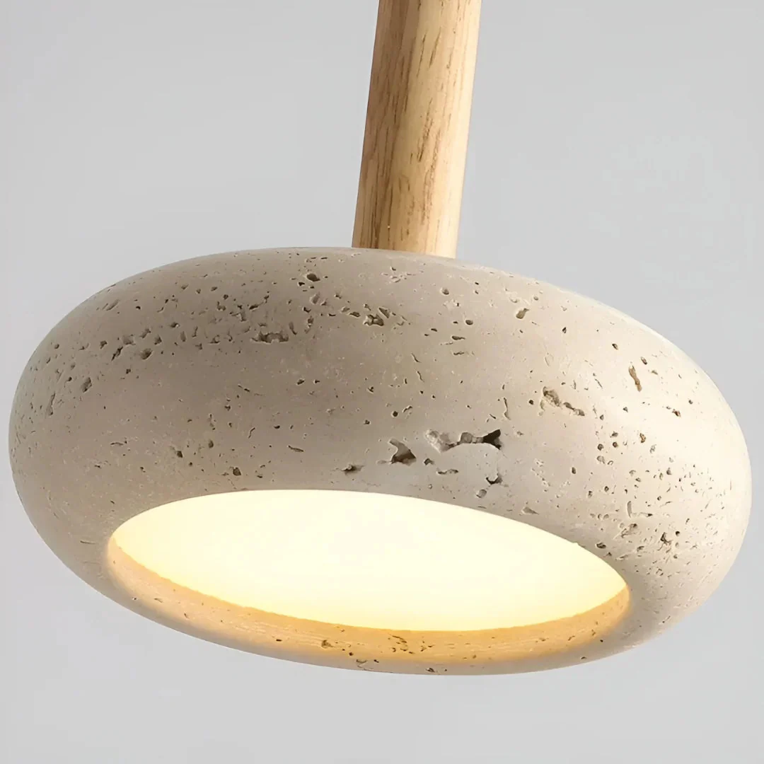 Travertine Hanging Light with Wooden Accent – Adjustable Cord, Warm Glow - Image 2