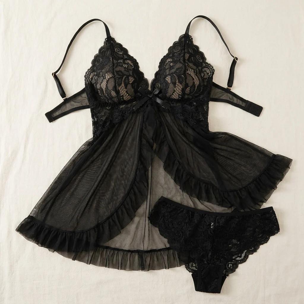 Soirée™ – Lace V-Neck Babydoll Set with Sheer Mesh Skirt - Image 3