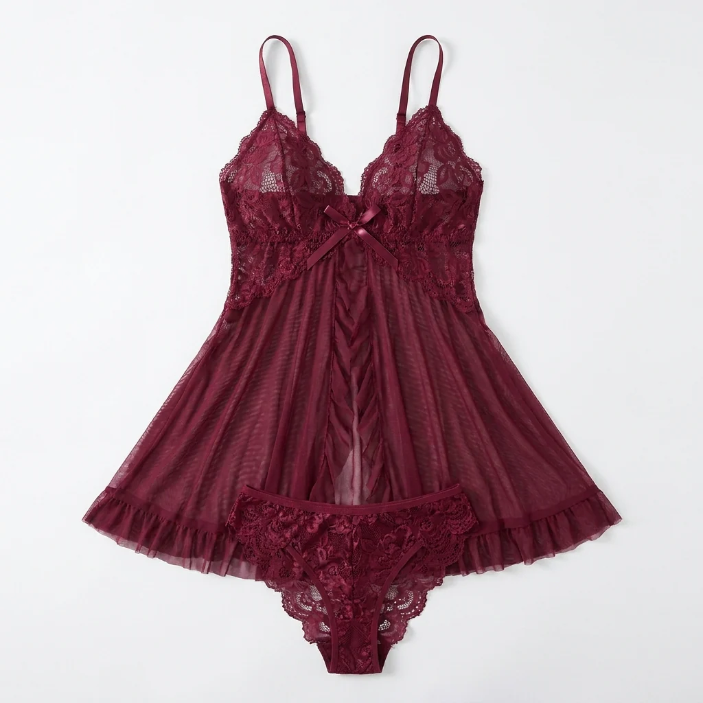 Soirée™ – Lace V-Neck Babydoll Set with Sheer Mesh Skirt - Image 7
