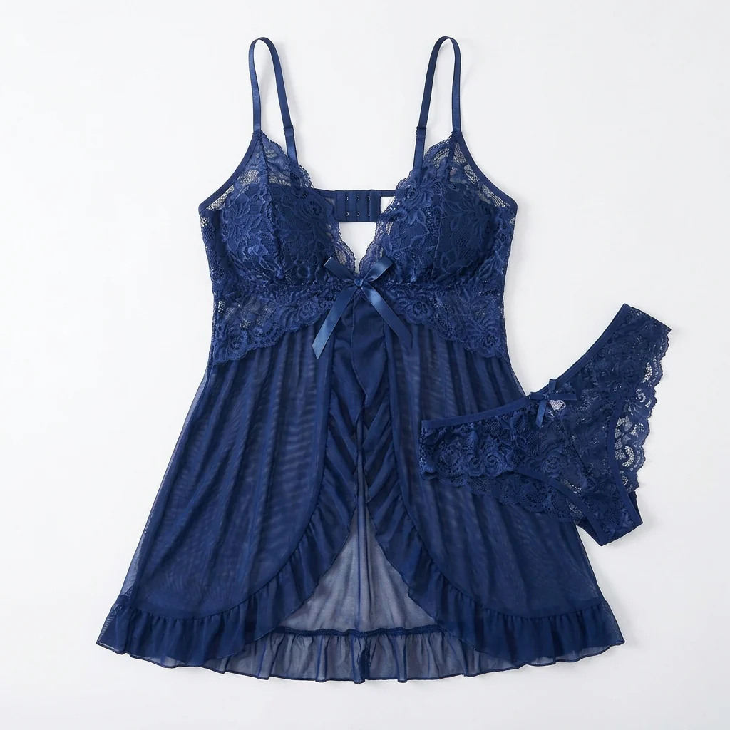 Soirée™ – Lace V-Neck Babydoll Set with Sheer Mesh Skirt - Image 8