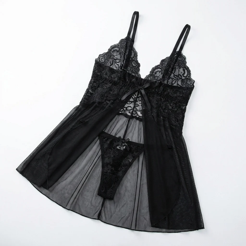 Soirée™ – Lace V-Neck Babydoll Set with Sheer Mesh Skirt - Image 9