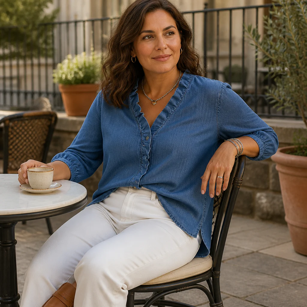 VelaFemme™ – Relaxed Ruffle-Front Denim Blouse with High-Low Hem