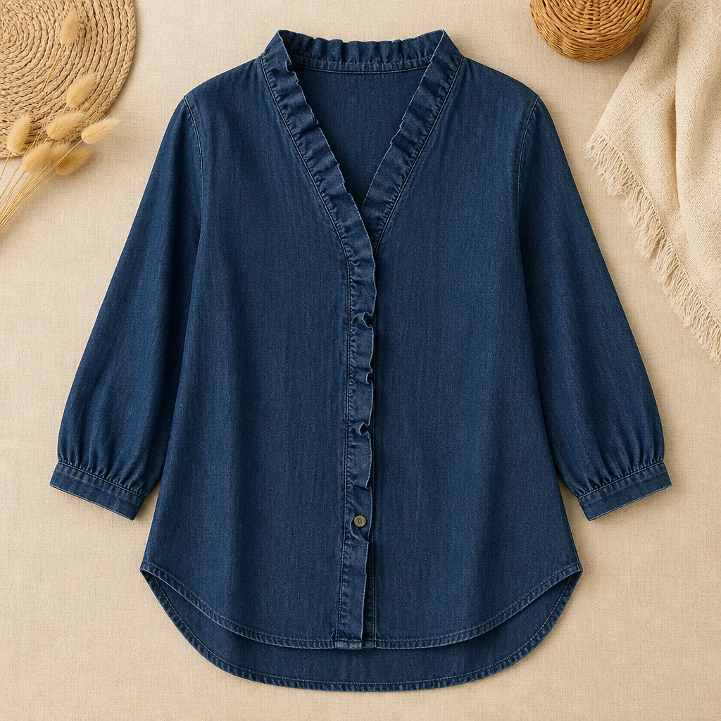 VelaFemme™ – Relaxed Ruffle-Front Denim Blouse with High-Low Hem - Image 10