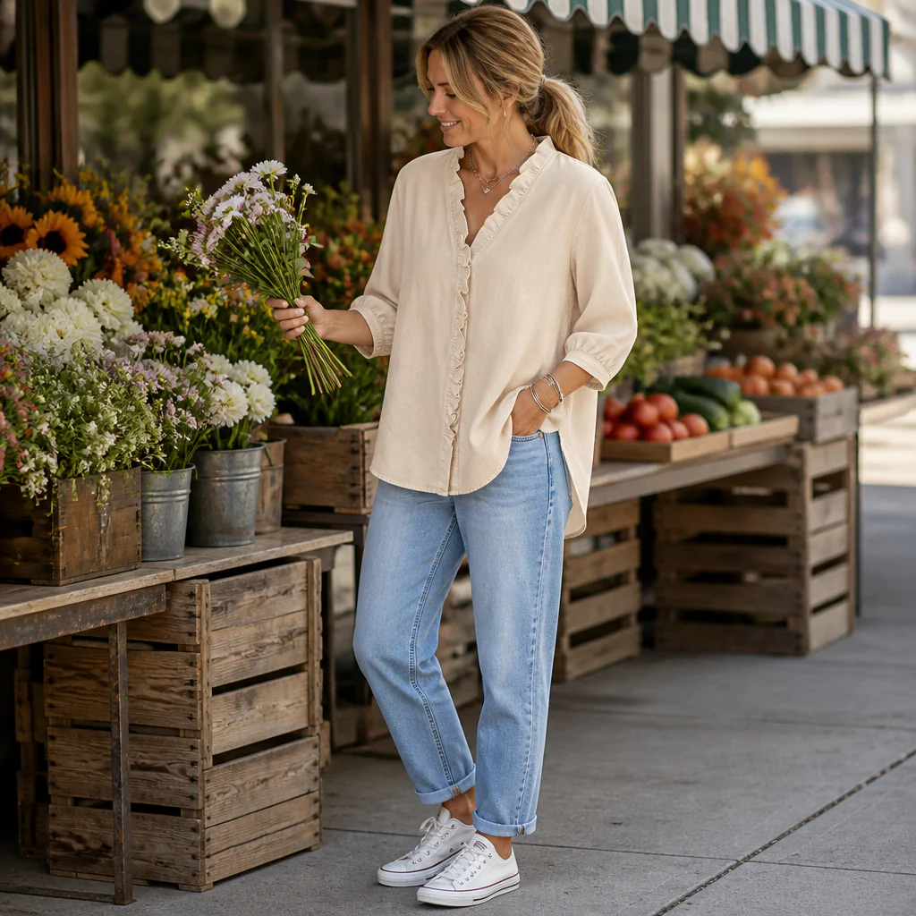 VelaFemme™ – Relaxed Ruffle-Front Denim Blouse with High-Low Hem - Image 3
