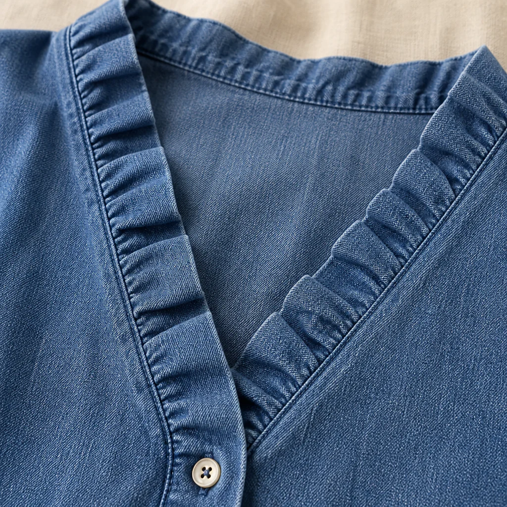 VelaFemme™ – Relaxed Ruffle-Front Denim Blouse with High-Low Hem - Image 5