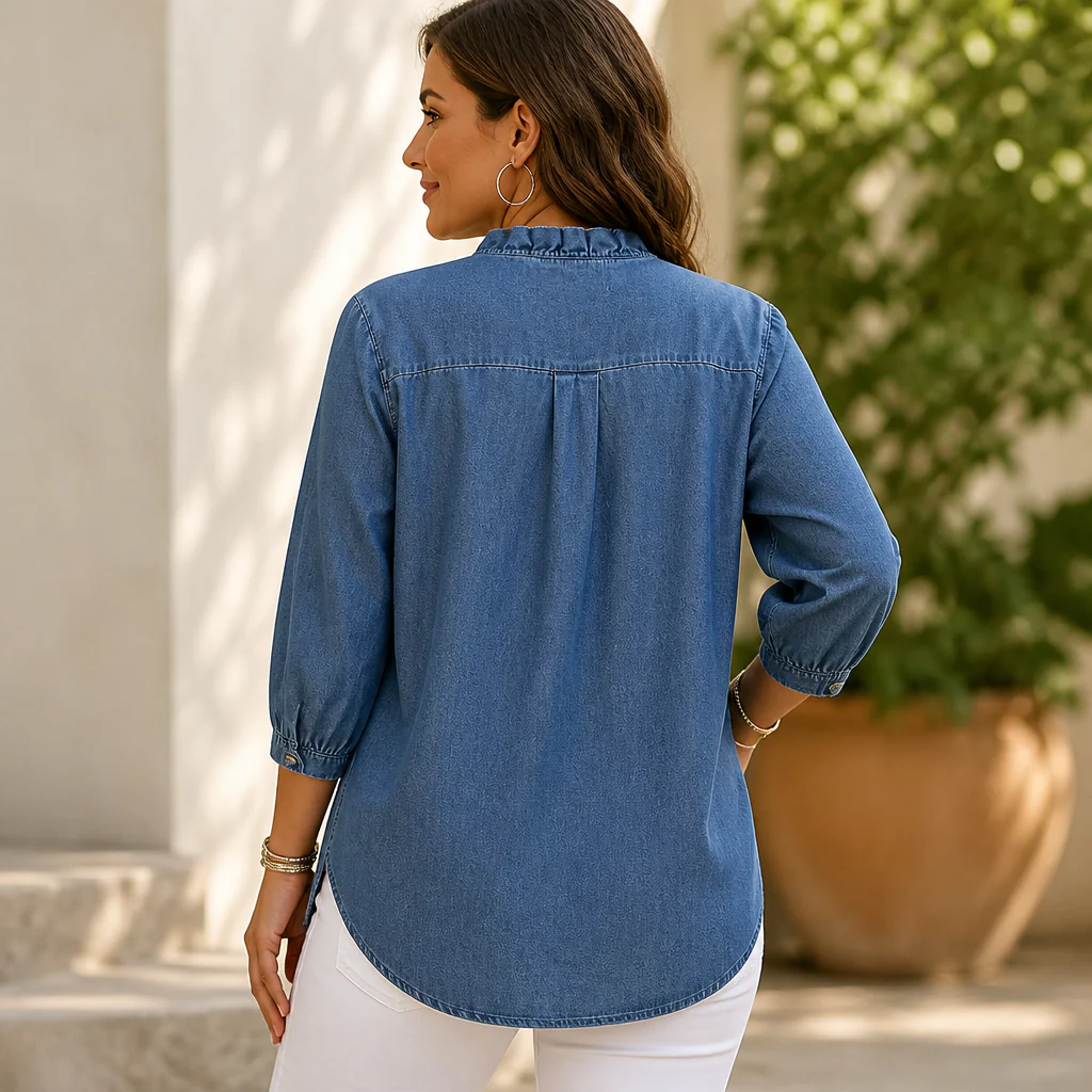 VelaFemme™ – Relaxed Ruffle-Front Denim Blouse with High-Low Hem - Image 8
