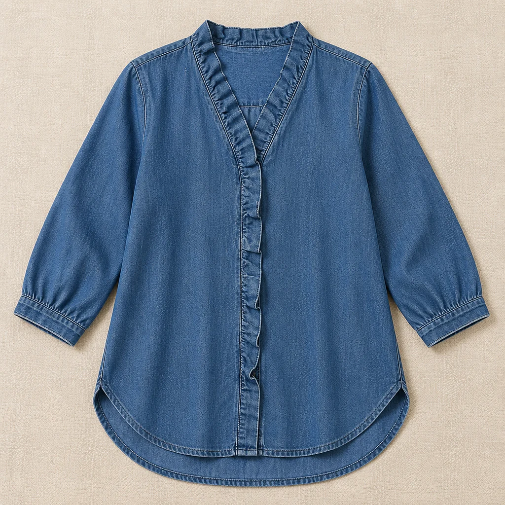 VelaFemme™ – Relaxed Ruffle-Front Denim Blouse with High-Low Hem - Image 9
