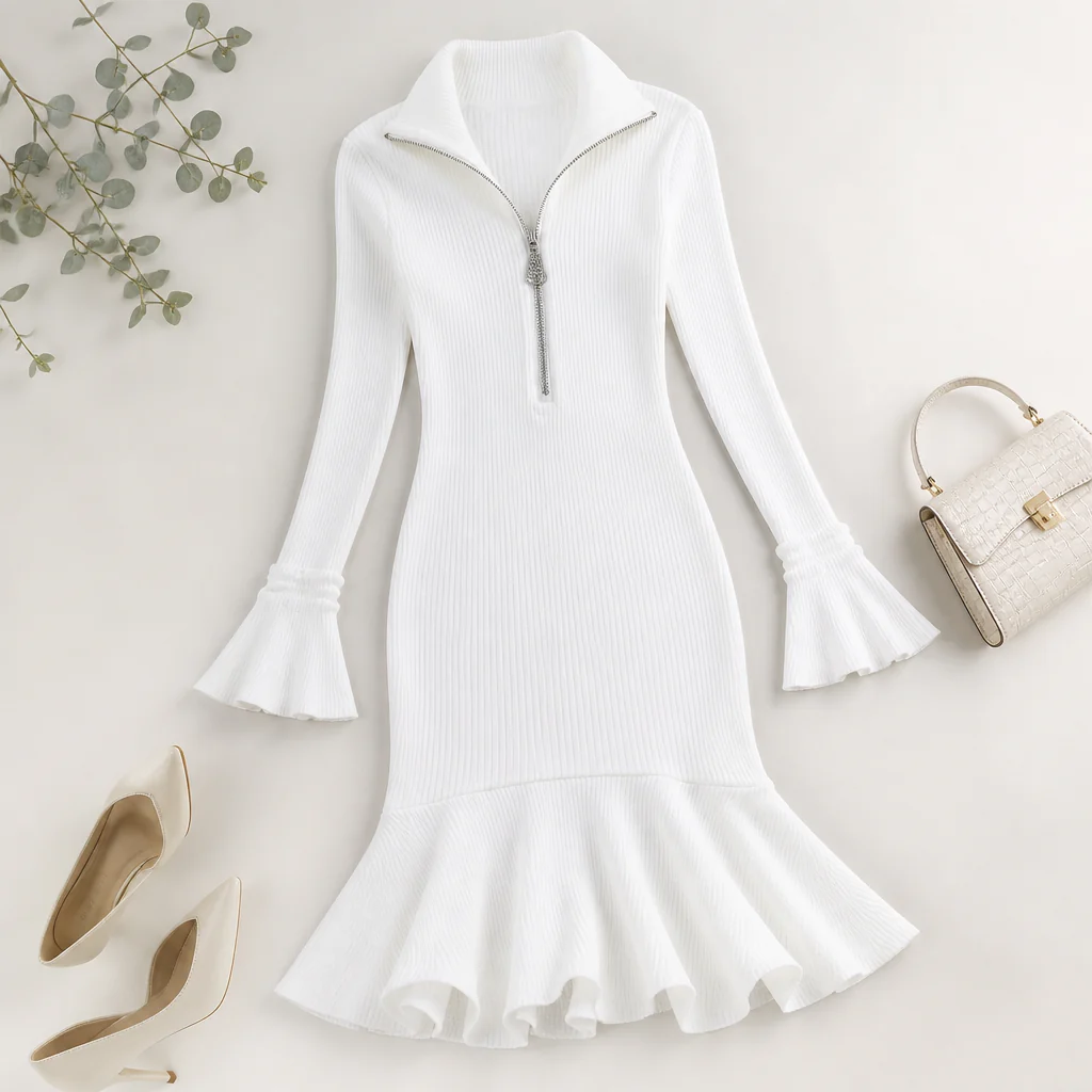 VelaFlex™ – Ribbed Knit Mermaid Midi Dress with Quarter-Zip Collar - Image 10