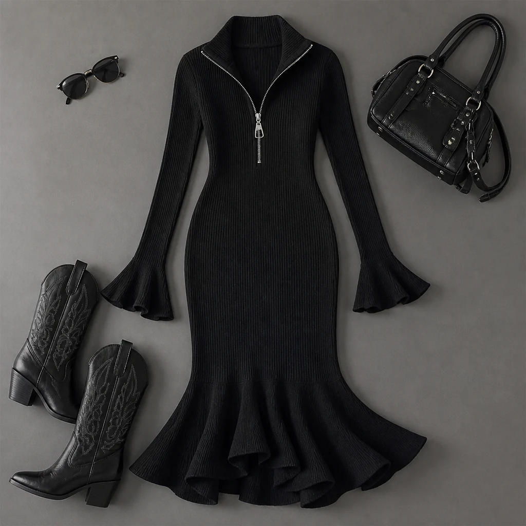 VelaFlex™ – Ribbed Knit Mermaid Midi Dress with Quarter-Zip Collar - Image 11