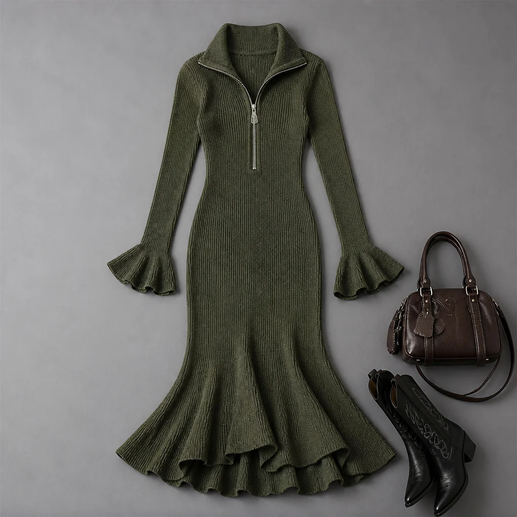 VelaFlex™ – Ribbed Knit Mermaid Midi Dress with Quarter-Zip Collar - Image 12