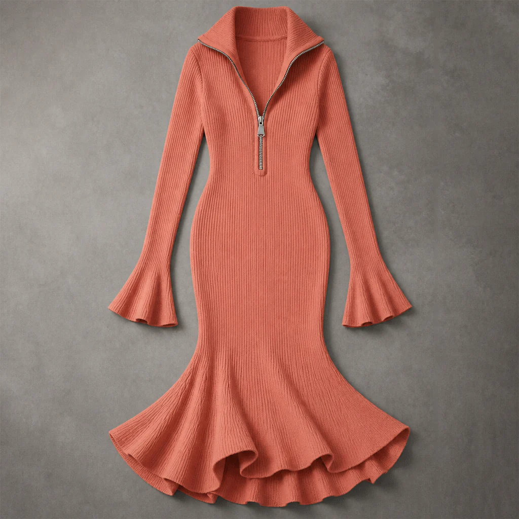 VelaFlex™ – Ribbed Knit Mermaid Midi Dress with Quarter-Zip Collar - Image 14