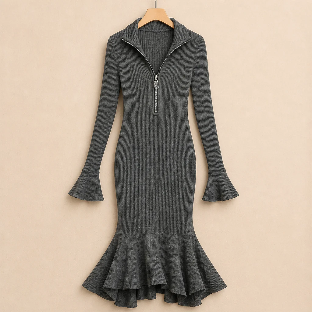 VelaFlex™ – Ribbed Knit Mermaid Midi Dress with Quarter-Zip Collar - Image 4