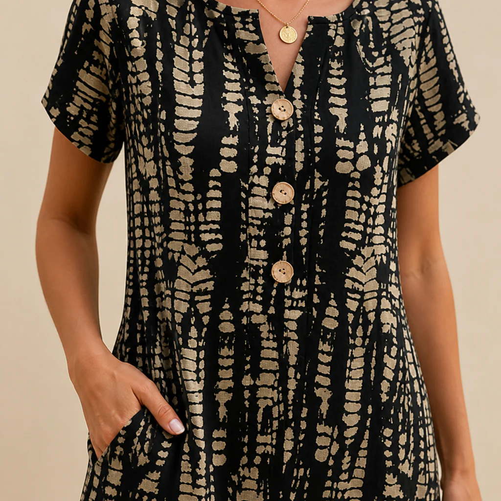 VelaMuse™ – Relaxed Button-Front Abstract Print Swing Dress with Pockets - Image 7