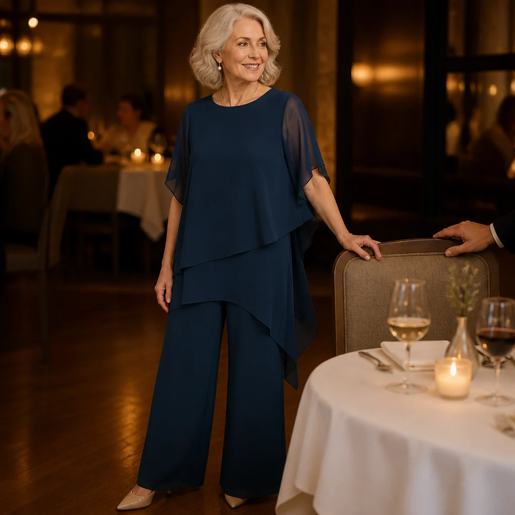 VeloraFit™ – Elegant Asymmetric Chiffon Two-Piece Pant Set - Image 2