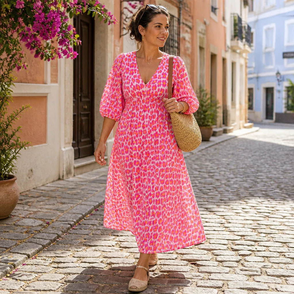 VeraLuxe™ – Flowy V-Neck Animal Print Midi Dress with Puff Sleeves - Image 3