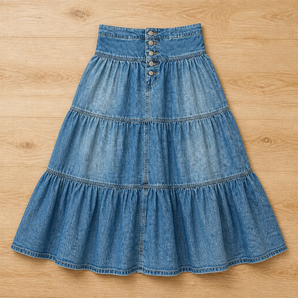 VeranoMist™ – Bohemian Tiered Denim Maxi Skirt with Vintage Button Front - Image 4