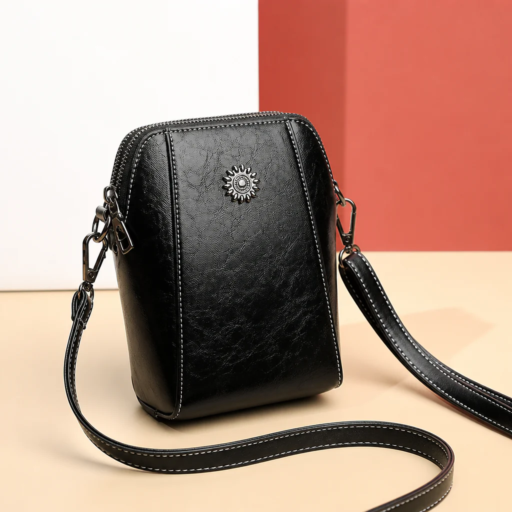 Marcella™ – Vintage Oil-Leather Compact Crossbody with Sunflower Medallion - Image 10